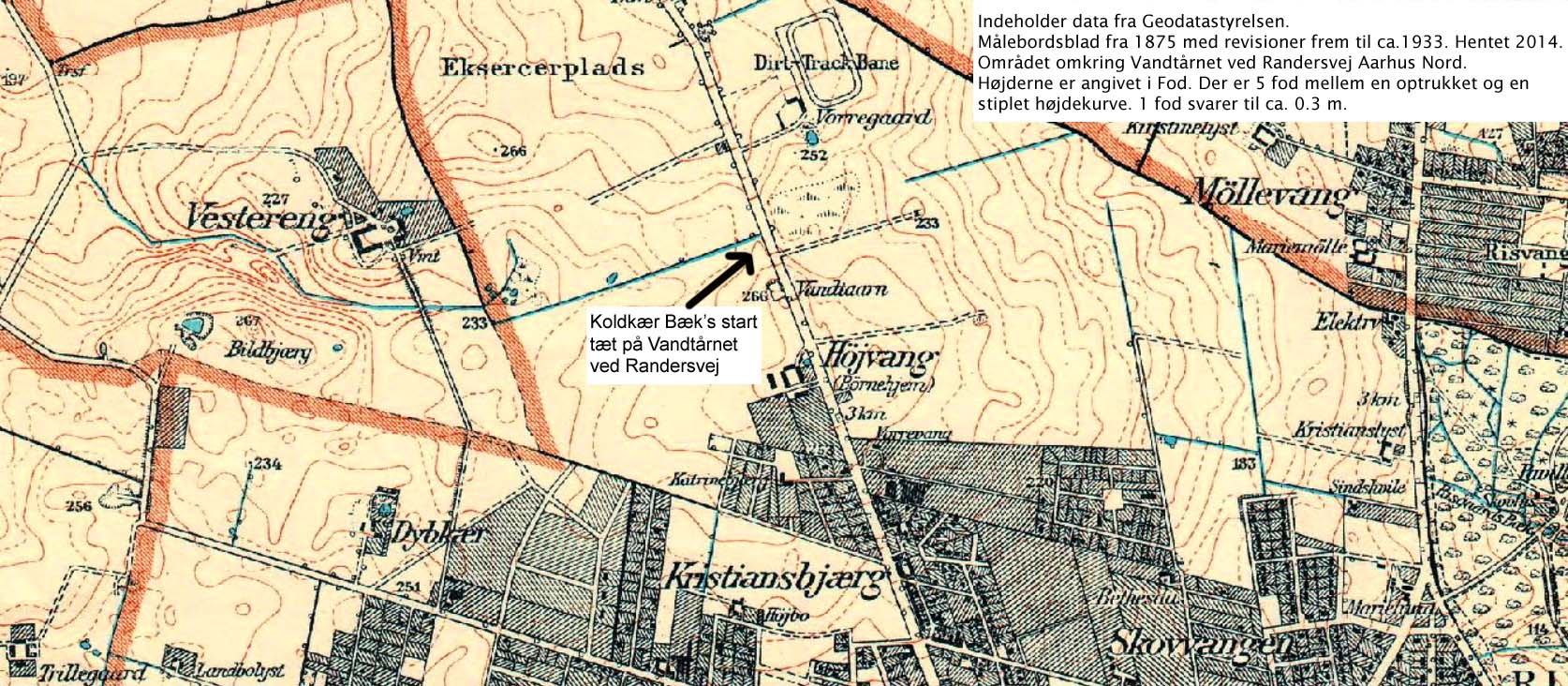 Et historisk kort viser Koldkær Bæks frie forløb gennem Vestereng. Kortet er oprindeligt fra 1875 med revisioner frem til 1933. Det er interessant, at der lå en større firlænget gård, hvis navn har givet området sit nuværende navn. Ligeledes bemærkes bakketoppen 'Bildbjerg' og søen, hvor der sandsynligvis er hentet ler til teglsten eller mergel til kalkning af markerne. Det kunne være interessant at undersøge hvad der er udvundet fra den dybe sø. Omkring gården Vestereng ses en større have, samt en åben Eksercerplads, som sandsynligvis har været benyttet af soldaterne fra Langelandsgades Kasserne, Hoeg Guldbergs Kasserne og Vesterleds Kasserne. En ting undre dog MEGET. 7-12 år efter seneste kortrevision fra1933, anlægger den tyske besættelsesmagt ca. 10 ammunitions bunkers i ly af skovens træer i Vestereng. De skulle være skjult for de allieredes bombefly. Gården Vestereng, kan godt nå at være revet ned på ca. 10 år, men hvordan kan der nå at vokse en så høj skov op, at træerne kan sløre ammunitions depoterne ??? Der er noget, som ikke stemmer. Hvis nogle historisk interesserede har svar på dette, kunne det være interessant at få afklaret (mailadresse under 'Kontakt'). Det historiske kort indeholder data fra Geodatastyrelsen (Målebordsblad fra 1875 med revisioner frem til ca. 1933. Hentet 2014).