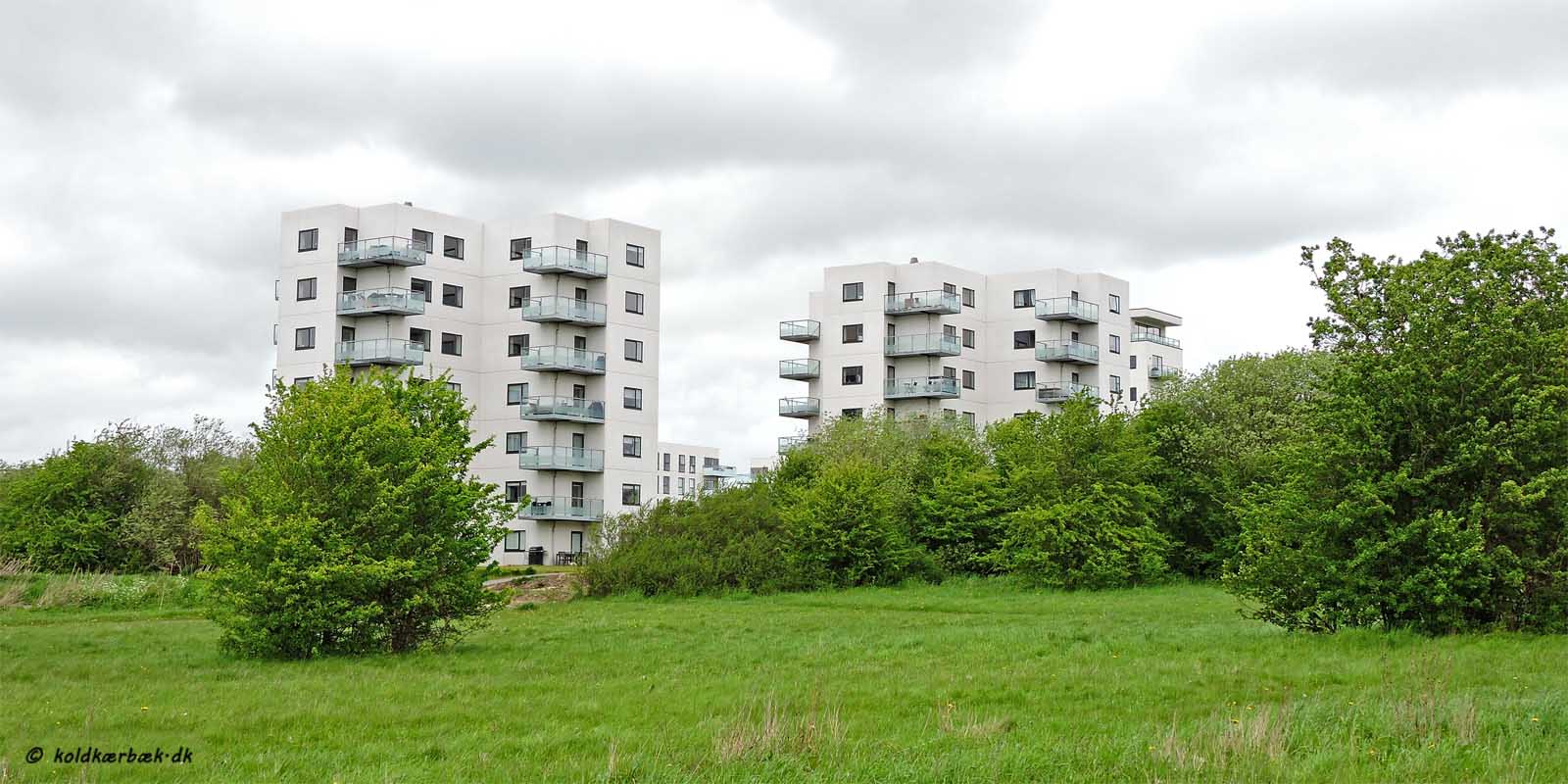 I udkanten af Vestereng ligger nogle spredte boligblokke. Arkitektonisk meget harmoniske og vellykket. Passende højde og godt med luft mellem bygningerne. 23-5-2016. 